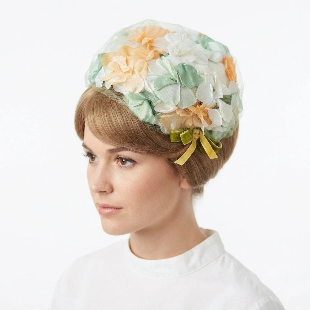 Vintage Pasadena Floral Pillbox Hat Green Peach White Tulle Netting 1960s Retro